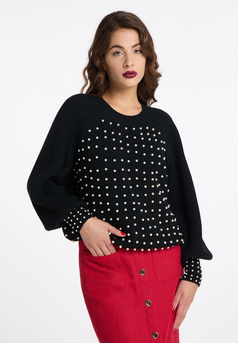 Eleganter Rippstrickpullover mit Perlen