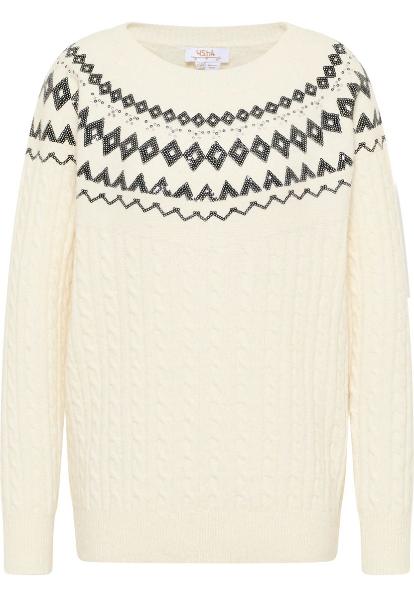Zopfstrickpullover mit Pailletten-Norwegermuster