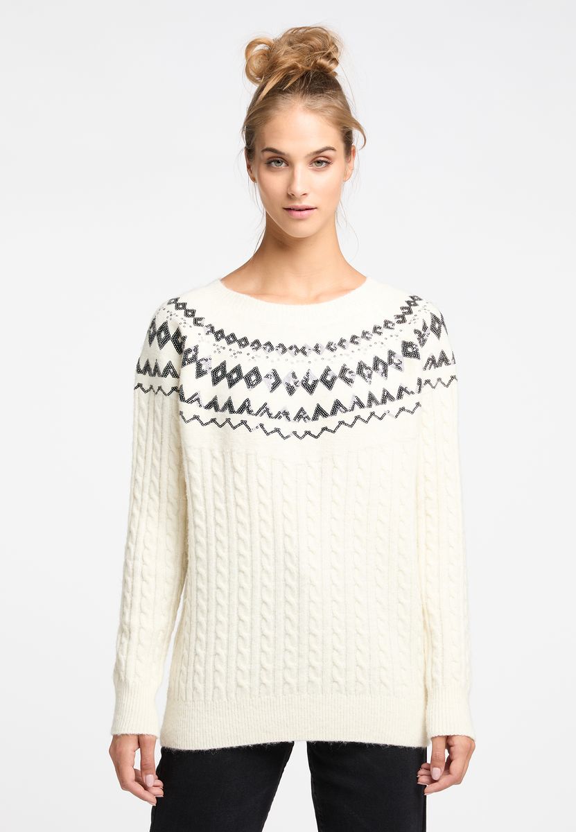 Zopfstrickpullover mit Pailletten-Norwegermuster