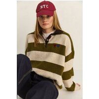 Gestreifter Oversized-Polo-Pullover mit Stickerei