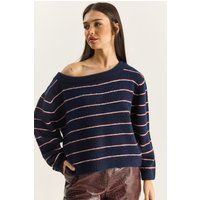 Gestreifter Oversize-Strickpullover mit asymmetrischem Kragen