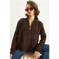 Bestickter Strickpullover mit Halbreißverschluss