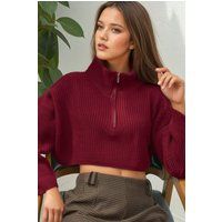 Kurzer Rippstrick-Pullover mit Reißverschluss