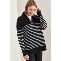 Gestreifter Relaxed-Fit Halbreißverschluss-Pullover
