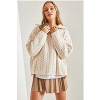 Oversize-Zopfstrickpullover mit halbem Reißverschluss