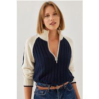 Gerippter Color-Block-Pullover mit Viertelreißverschluss