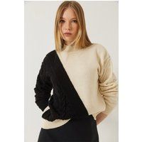 Zweifarbiger Zopfstrick-Pullover mit Stehkragen
