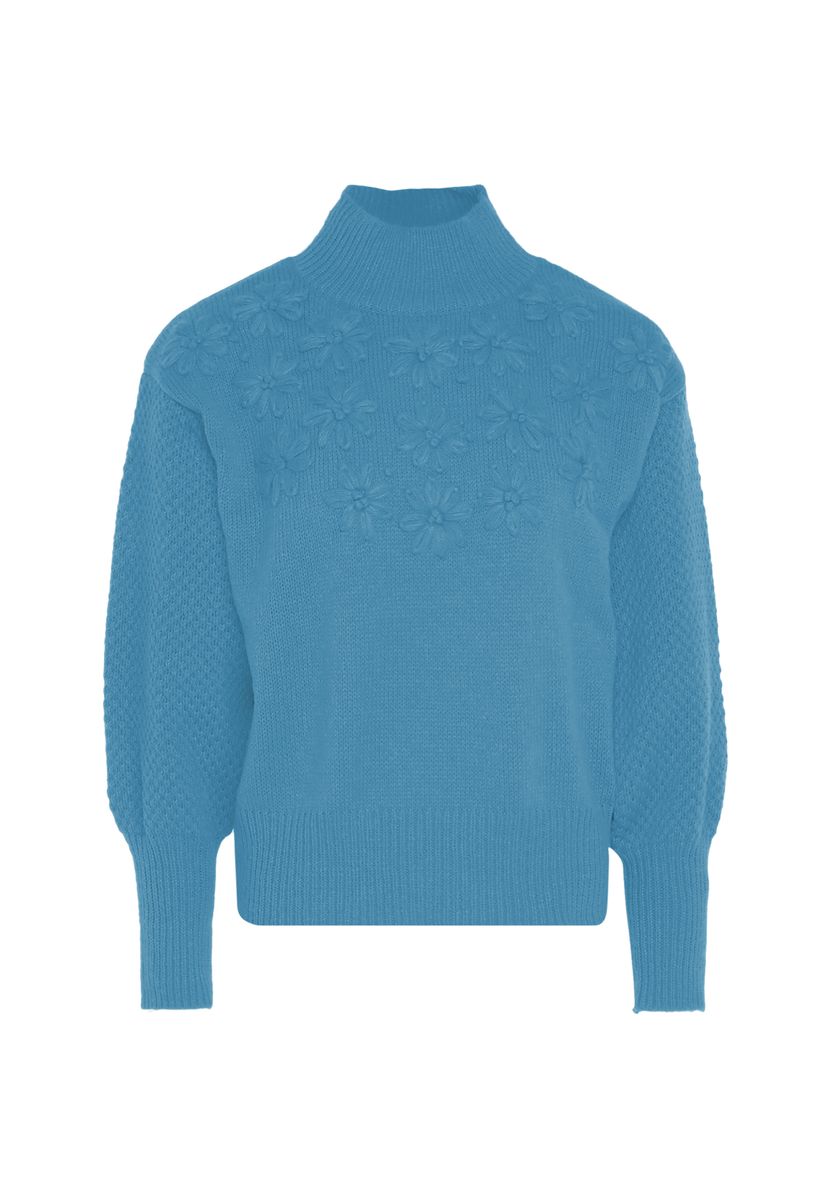 Bestickter Blumenpullover mit Stehkragen
