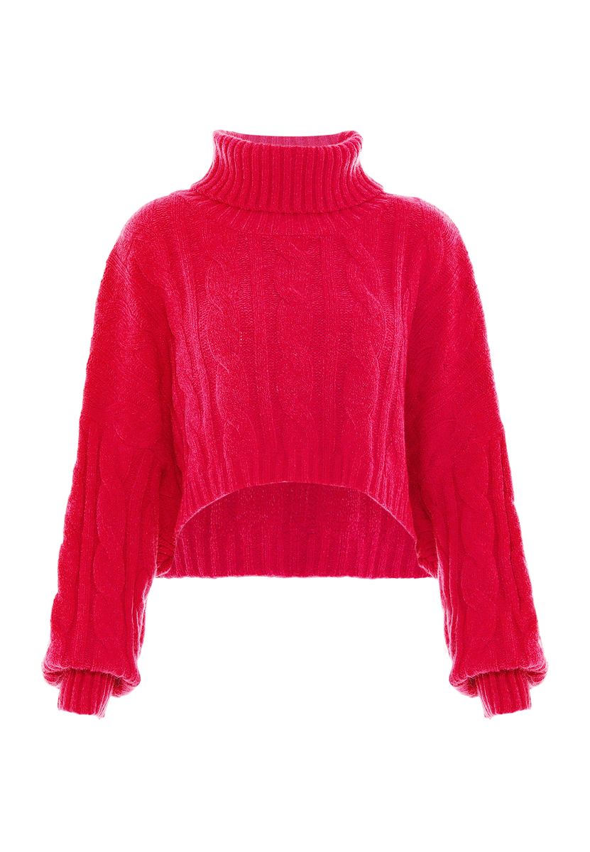 Zopfmuster-Rollkragenpullover mit Vokuhila-Saum
