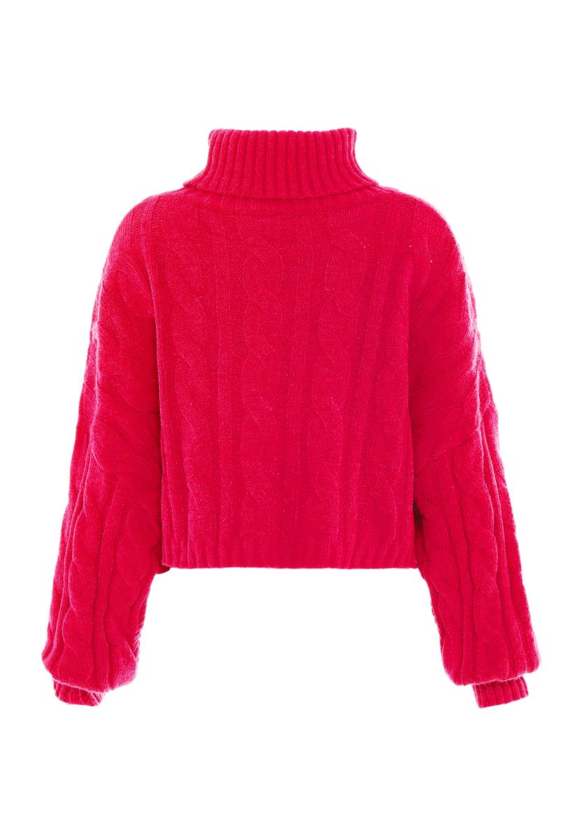 Zopfmuster-Rollkragenpullover mit Vokuhila-Saum