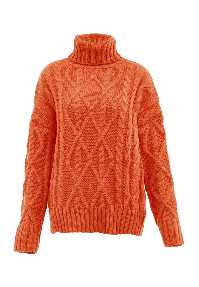 Grobstrick-Rollkragenpullover mit Zopfmuster