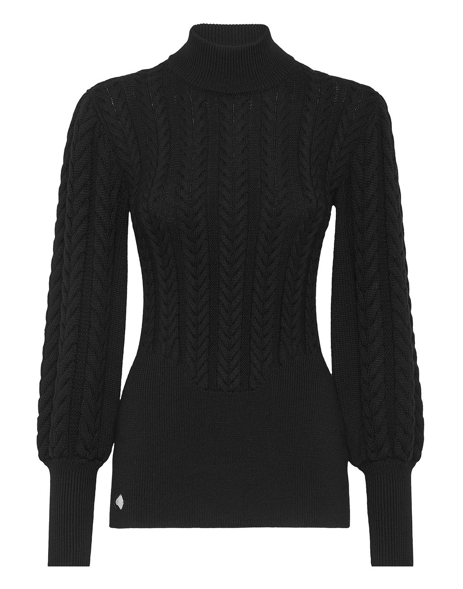 Zopfstrick-Rollkragenpullover mit Puffärmeln