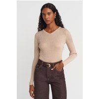 Schmaler Rippstrick-Pullover mit V-Ausschnitt
