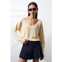 Entspannter V-Ausschnitt Rippstrickpullover