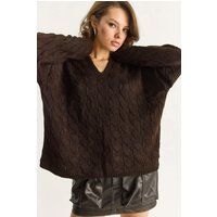 Oversized-Pullover mit V-Ausschnitt und Zopfmuster