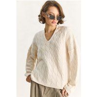 Strukturierter Zopfstrickpullover mit V-Ausschnitt