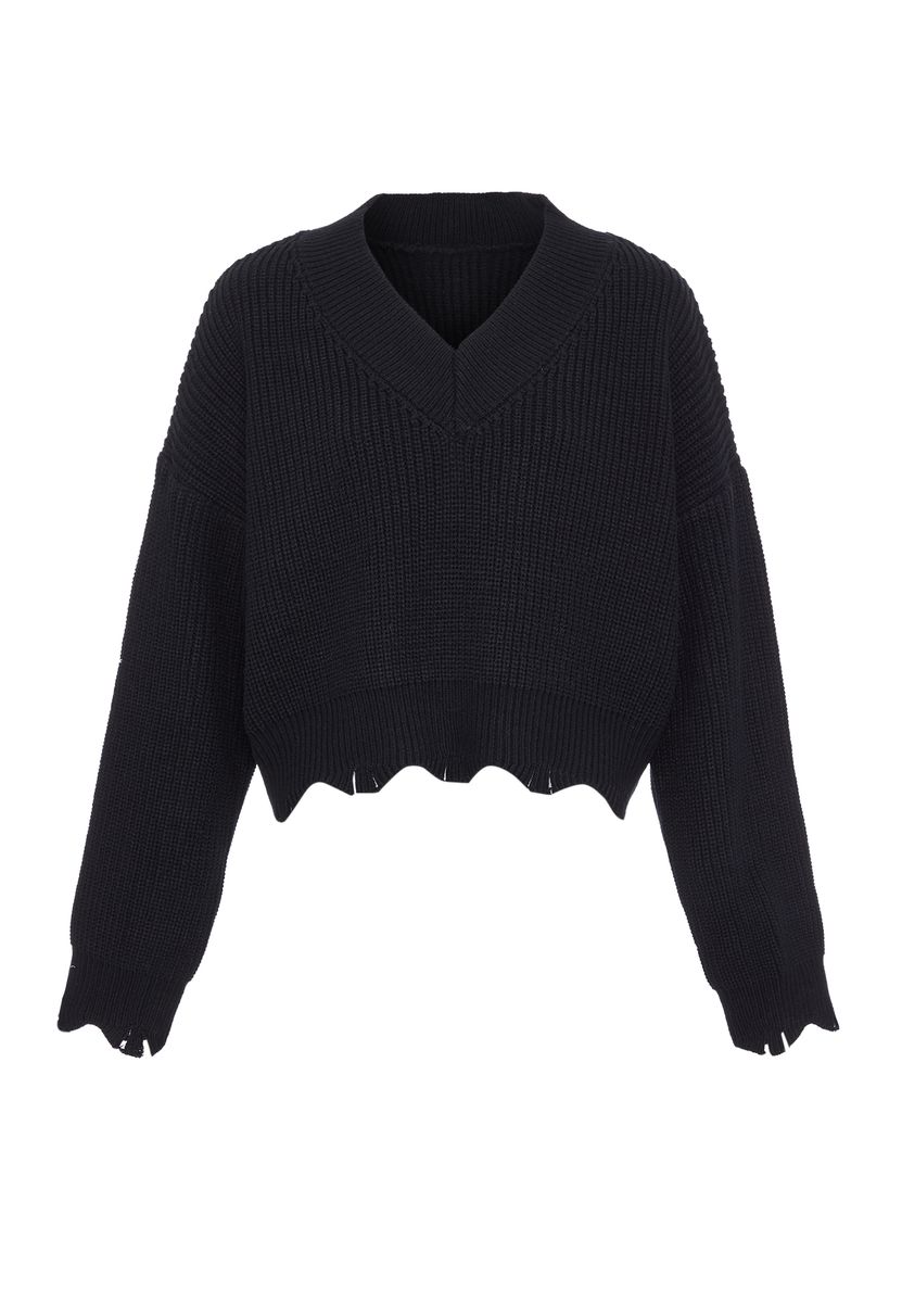 Gerippter V-Ausschnitt Cropped Pullover