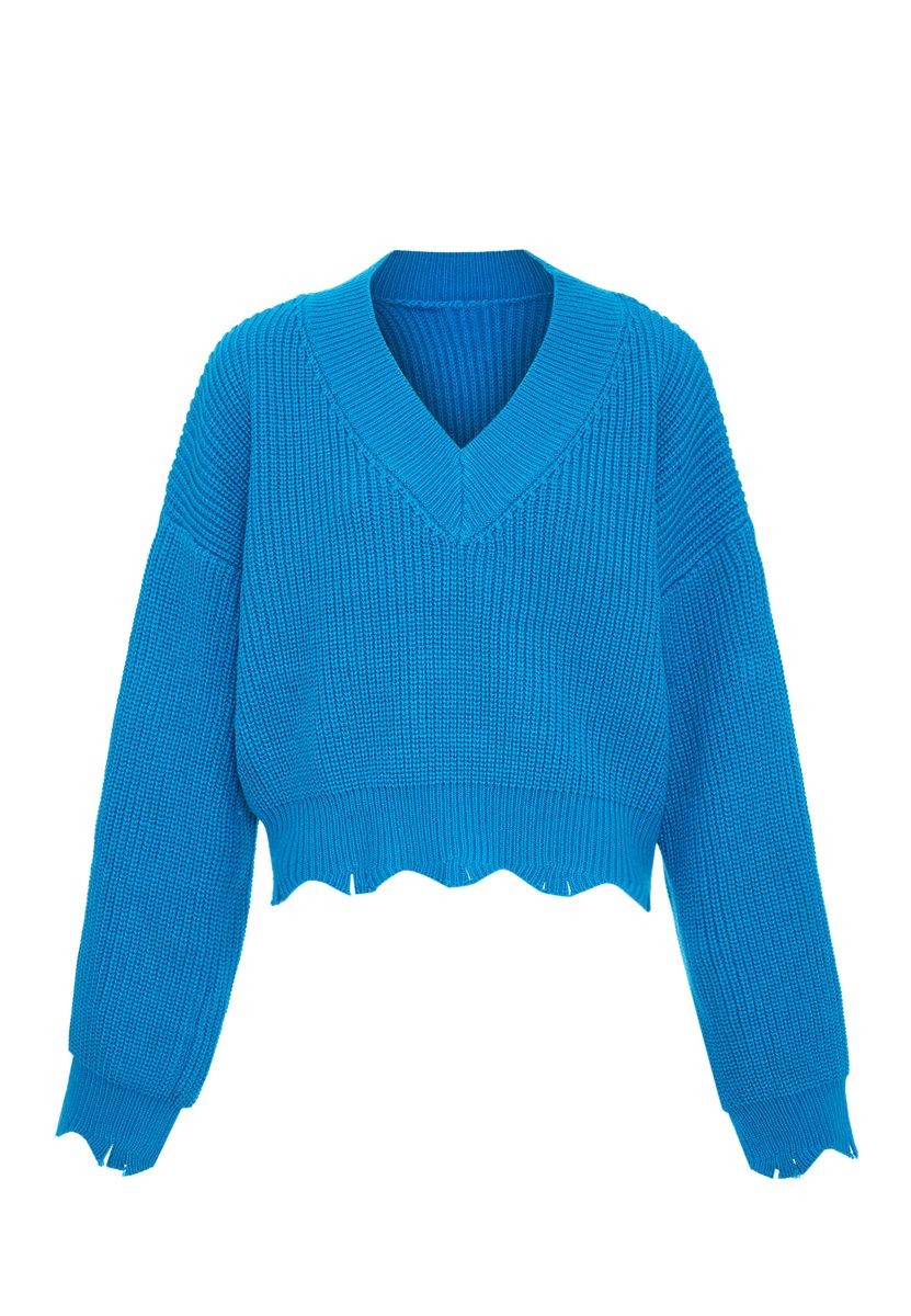 Rippstrick-Cropped-Pullover mit V-Ausschnitt