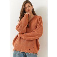 Übergroßer V-Ausschnitt Pullover mit Rissen
