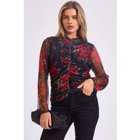 Gerafftes Mesh-Top mit Blumenmuster