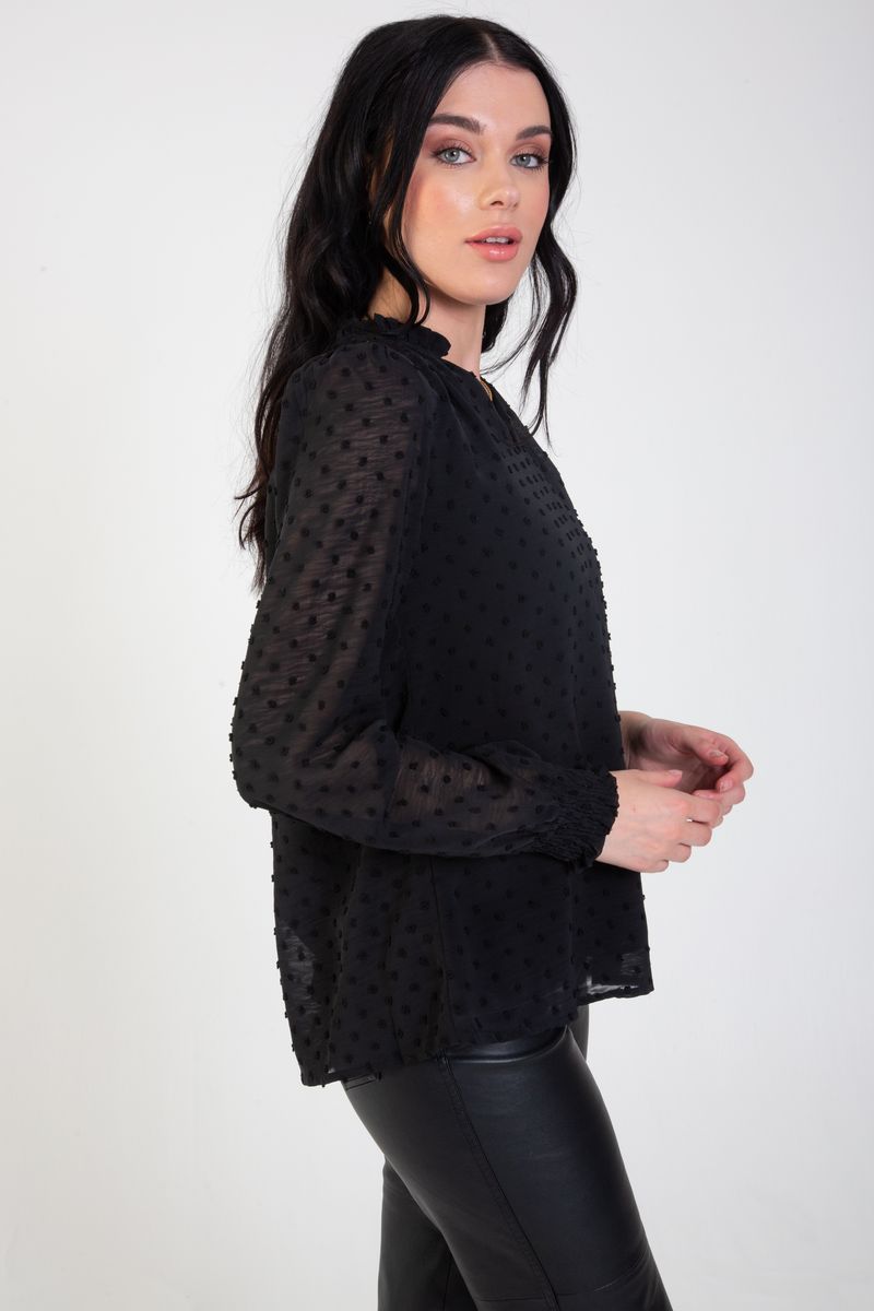 Rüschen-Henley Bluse aus Dobby-Chiffon