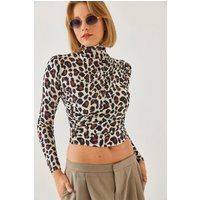 Drapierte Rollkragenbluse mit Leopardenmuster