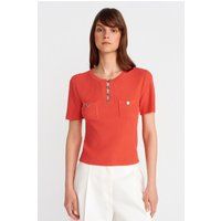 Kurzärmlige gerippte Henley-Strickbluse