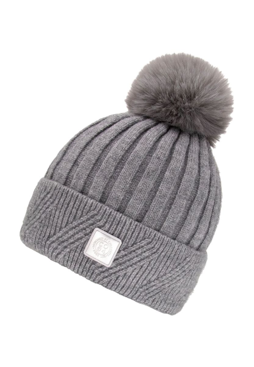 Rippstrick-Beanie mit Kunstfell-Bommel
