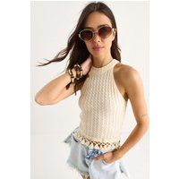 Halterneck-Top mit Zopfmuster und Quasten