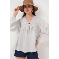 Seersucker-Bluse mit V-Ausschnitt und Schleife