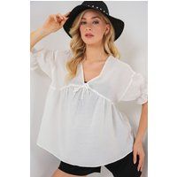 Strukturierte V-Ausschnitt-Bluse mit Schleife