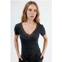 Geripptes V-Ausschnitt-Oberteil mit Spitze