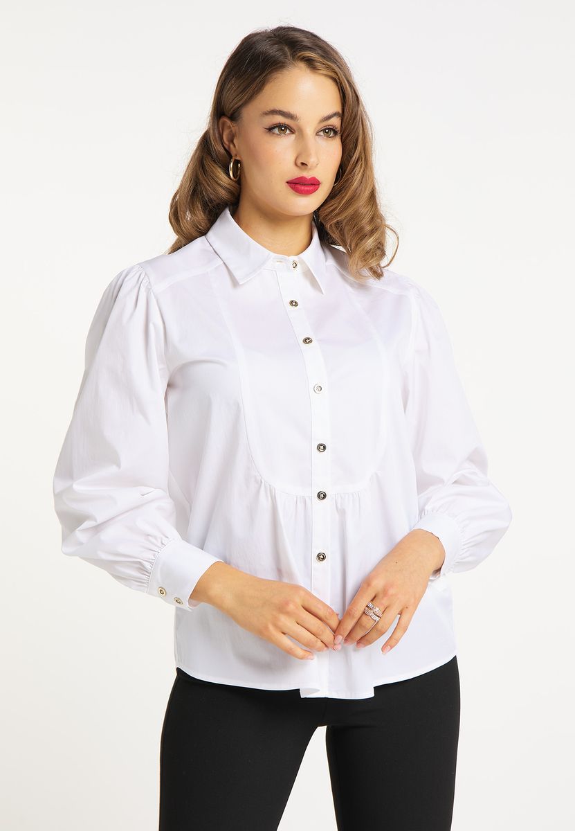 Bluse mit Plissee-Einsatz und Puffärmeln