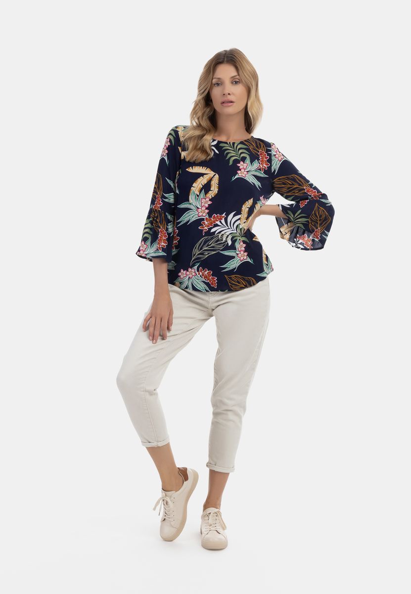 Bluse mit Tropenprint und Glockenärmeln