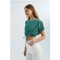 Florales Crop-Top mit Kordelzug