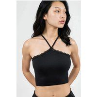 Geripptes Halterneck-Crop-Top mit Spitze