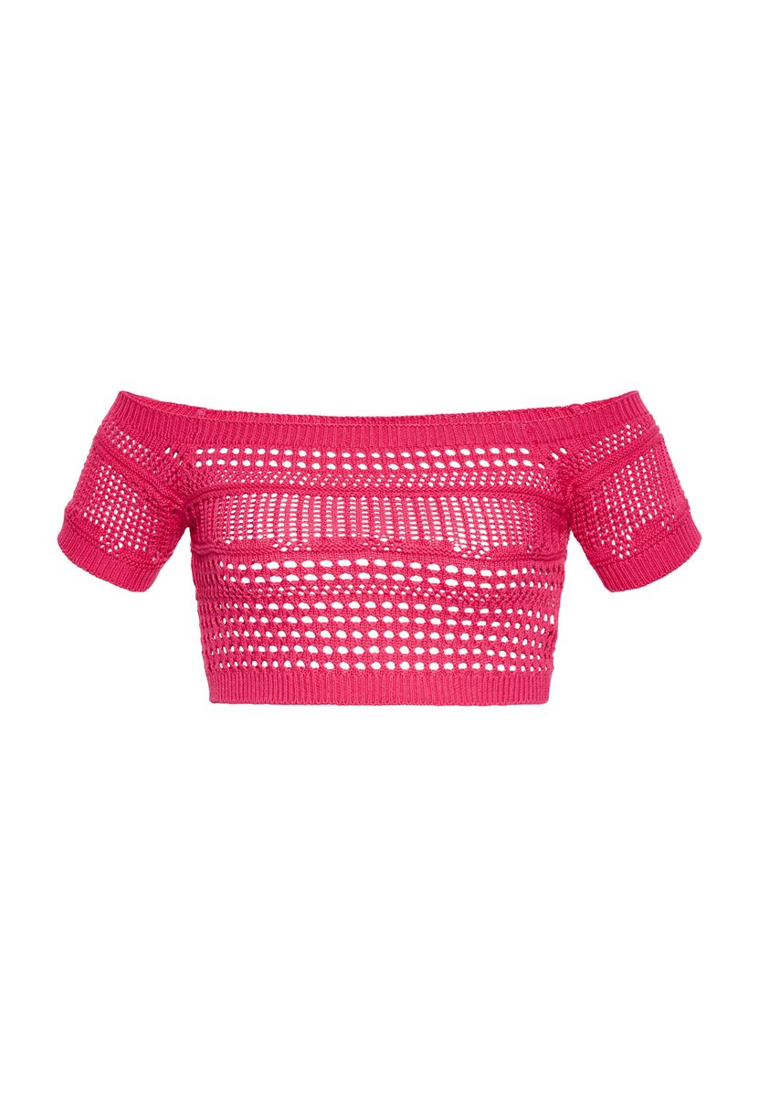 Schulterfreies Lochstrick-Crop-Top