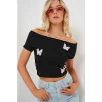 Geripptes Off-Shoulder-Top mit Schmetterlingen