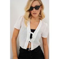 Strukturiertes Leinenmix-Crop-Top mit Bindeband