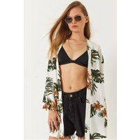 Luftiger Kimono mit tropischem Blattmuster