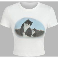 Bedrucktes Crop-Top mit Katzenmotiv