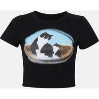 Kurzes Baumwollshirt mit Katzendruck
