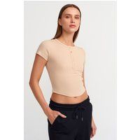 Schmal geschnittenes geripptes Henley-Crop-Top
