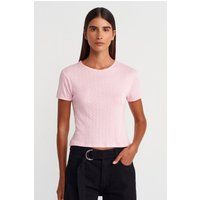 Geripptes Pointelle-Cropped-T-Shirt