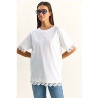 Oversized Baumwoll-T-Shirt mit Spitzenbesatz