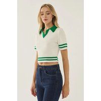 Gestreiftes Rippstrick-Polo-Crop-Top