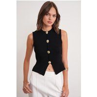 Strukturiertes ärmelloses Stricktop mit Goldknöpfen