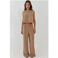 Leinenoptik-Zweiteiler mit Bluse und Hose