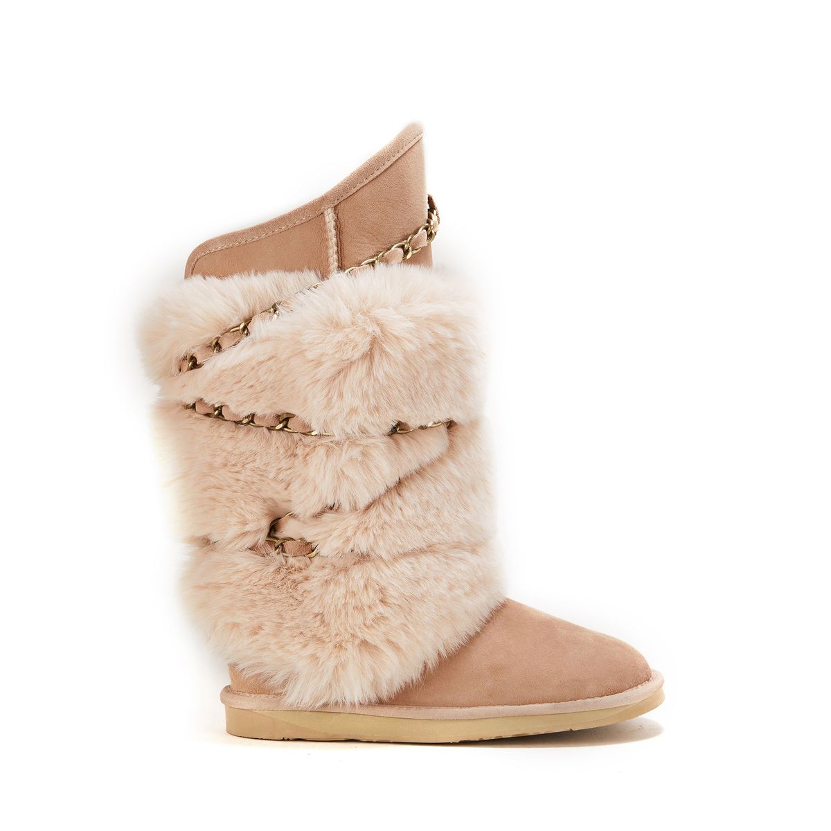 Lammfellstiefel mit Webpelz und Kettendetail