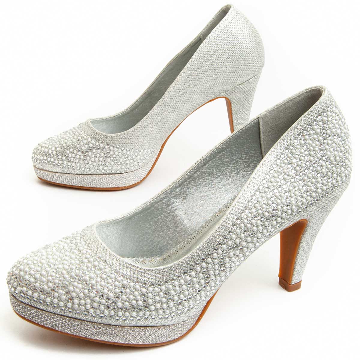 Schimmernde Pumps mit Perlenbesatz